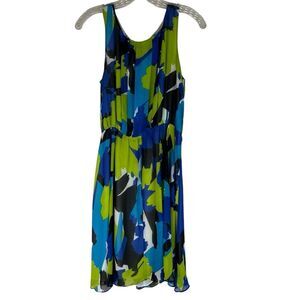Vince Camuto Dress Women’s Green Blue Abstract Sleeveless Belted Pleated Lined 6